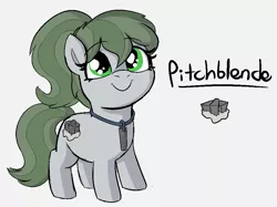 Size: 936x699 | Tagged: safe, artist:heretichesh, derpibooru import, oc, oc:pitchblende, earth pony, pony, image, ore, png, rock, smiling, text, uranium, uranium rod