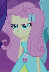 Size: 226x332 | Tagged: safe, derpibooru import, screencap, fluttershy, rarity, equestria girls, equestria girls (movie), angry, bare shoulders, cropped, cute, fall formal outfits, fluttershy is not amused, image, madorable, offscreen character, png, sleeveless, strapless, unamused