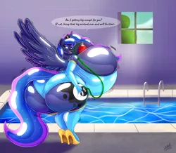 Size: 3000x2610 | Tagged: suggestive, artist:09hankris, derpibooru import, princess luna, alicorn, anthro, air nozzle, air tank, ass, bedroom eyes, big breasts, boobs and butt pose, breast expansion, breasts, busty princess luna, butt, butt expansion, clothes, commission, crown, cutie mark, digital art, evening gloves, female, gloves, growth, high heels, horn, hose, huge breasts, huge butt, image, impossibly large breasts, inflatable anthro mare, inflatable toy, inflation, jewelry, large butt, latex, long gloves, looking at you, looking back, looking back at you, moonbutt, open mouth, png, rear view, regalia, shoes, sideboob, smiling, socks, solo, solo female, speech bubble, spread wings, stockings, swimming pool, swimsuit, tail, text, thigh highs, thighs, wide hips, wide load, window, wings