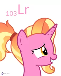 Size: 4000x5000 | Tagged: safe, artist:parclytaxel, derpibooru import, luster dawn, pony, unicorn, series:joycall6's periodic table, .svg available, absurd resolution, bust, chemistry, female, grin, image, lawrencium, mare, periodic table, png, portrait, profile, simple background, smiling, solo, vector, white background