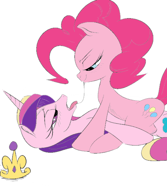 Size: 540x600 | Tagged: questionable, artist:[redacted], color edit, derpibooru import, edit, pinkie pie, princess cadance, alicorn, earth pony, pony, bedroom eyes, cadancepie, colored, drool, drool string, female, image, infidelity, lesbian, looking at each other, lying down, on back, open mouth, png, shipping, smiling, tongue out