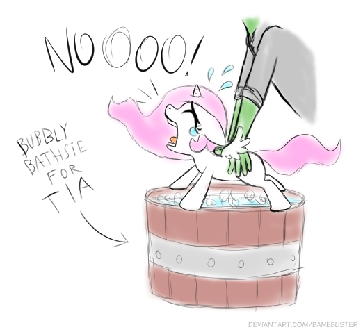 Size: 522x478 | Tagged: safe, artist:banebuster, derpibooru import, princess celestia, oc, oc:anon, alicorn, human, pony, series:tiny tia, adorable distress, bath, bath time, bucket, cewestia, crying, cute, female, filly, forced bathing, image, jpeg, pink-mane celestia, simple background, water, white background, younger