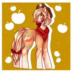 Size: 1000x1000 | Tagged: safe, artist:general-honeybee, derpibooru import, applejack, earth pony, pony, applejack (g5 concept leak), bow, clothes, coat markings, female, g5 concept leak style, g5 concept leaks, hat, image, jpeg, mare, redesign, scarf, simple background, solo