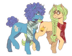 Size: 3400x2650 | Tagged: safe, artist:kikirdcz, derpibooru import, oc, oc:cyanus blues, oc:honey nevaeh, unofficial characters only, pony, unicorn, afro, choker, clothes, cutie mark, duo, female, glasses, hair tie, horn, image, looking at each other, mare, png, scar, scarf, simple background, tail wrap, transparent background