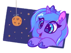 Size: 1000x750 | Tagged: safe, artist:lollipony, derpibooru import, princess luna, pony, bust, cookie, cute, dangling, ear fluff, eye clipping through hair, eyes on the prize, female, filly, food, image, lunabetes, png, portrait, simple background, smiling, solo, transparent background, woona, younger