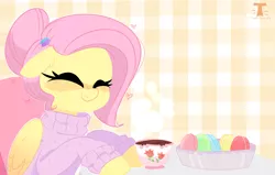 Size: 2951x1876 | Tagged: safe, artist:t-whiskers, derpibooru import, fluttershy, pegasus, pony, alternate hairstyle, blushing, chocolate, clothes, cute, eyes closed, female, floppy ears, food, hair bun, heart, hot chocolate, image, macaron, mare, png, shyabetes, smiling, solo, sweater, sweatershy