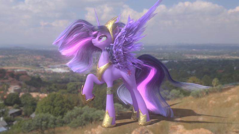 Size: 1280x720 | Tagged: safe, artist:robinnomadrain, derpibooru import, princess twilight 2.0, twilight sparkle, twilight sparkle (alicorn), alicorn, pony, the last problem, big crown thingy 2.0, big crown thingy 3.0, female, hoof shoes, image, irl, jpeg, looking at something, mare, older, older twilight, peytral, photo, ponies in real life, raised hoof, solo, spread wings, wind, windswept mane, wings