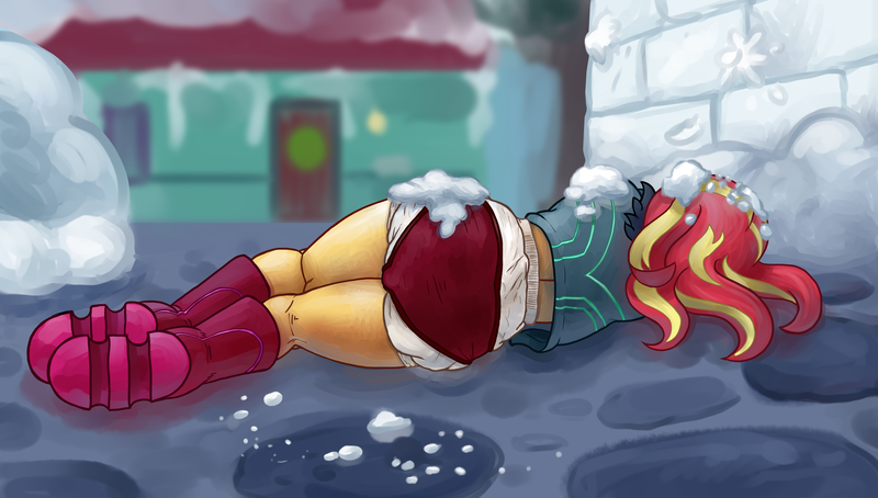 Size: 5000x2838 | Tagged: questionable, alternate version, artist:smudge proof, derpibooru import, sunset shimmer, equestria girls, equestria girls series, holidays unwrapped, spoiler:eqg series (season 2), adult diaper, ass, bunset shimmer, butt, detailed diaper, diaper, diaper fetish, diaper under clothes, female, fetish, image, on ground, patreon, peeing in diaper, pissing, png, saving pinkie's pie, snow, snowball fight, snowballs, snowfort, unconscious, urine, wet diaper, wetting, winter
