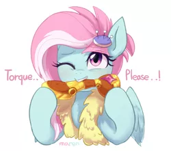 Size: 2603x2305 | Tagged: safe, artist:maren, derpibooru import, kerfuffle, pegasus, rainbow roadtrip, amputee, biting, cute, fufflebetes, hoof hold, image, implied torque wrench, mouth hold, one eye closed, png, prosthetic leg, prosthetic limb, prosthetics, simple background, solo, white background, wink