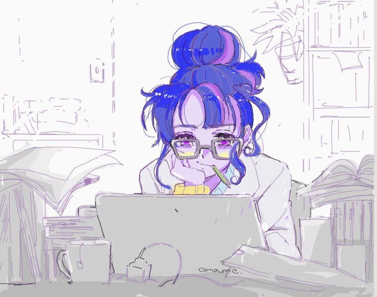 Size: 1677x1324 | Tagged: safe, artist:5mmumm5, derpibooru import, sci-twi, twilight sparkle, equestria girls, bookshelf, computer, food, glasses, hair bun, house plant, image, jpeg, laptop computer, limited palette, pen in mouth, solo, tea