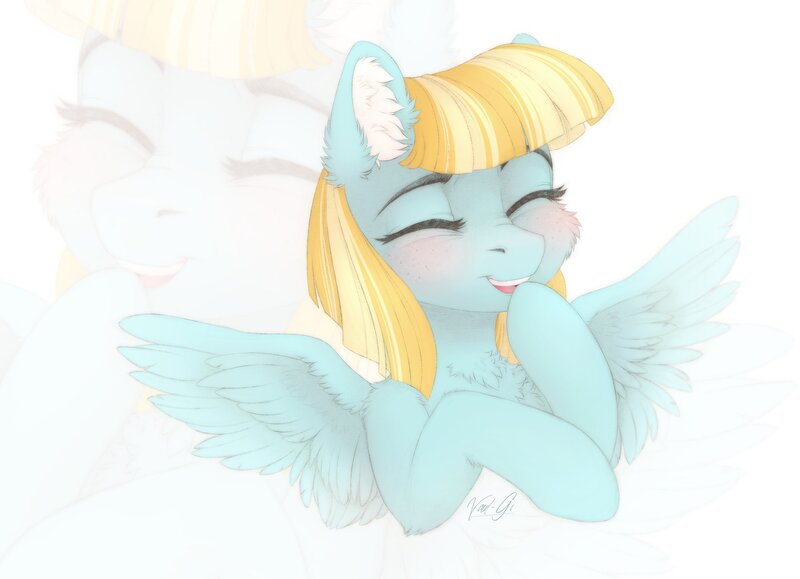 Size: 1795x1300 | Tagged: safe, artist:vird-gi, derpibooru import, helia, pegasus, pony, blushing, cheek fluff, chest fluff, cute, ear fluff, eyes closed, female, happy, heliadorable, image, jpeg, laughing, mare, open mouth, smiling, solo, spread wings, wings, zoom layer