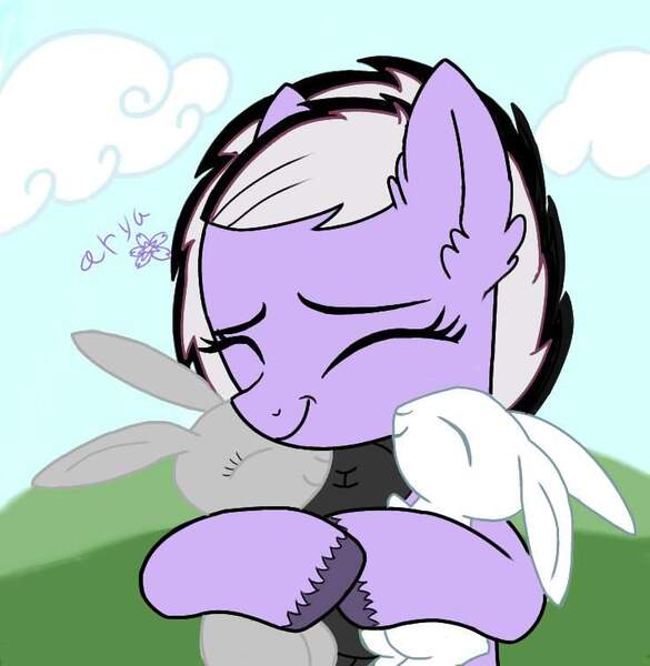 Size: 736x755 | Tagged: safe, artist:aryasakurada, derpibooru import, oc, unofficial characters only, earth pony, pony, rabbit, animal, base used, ear fluff, earth pony oc, eyelashes, eyes closed, female, hug, image, jpeg, mare, outdoors, signature, solo, unshorn fetlocks