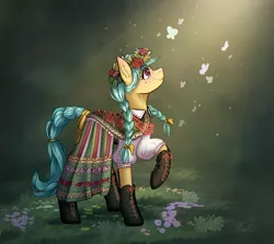 Size: 2566x2292 | Tagged: safe, artist:helmie-art, derpibooru import, oc, oc:karoline skies, unofficial characters only, earth pony, pony, braid, braided tail, clothes, dress, female, floral head wreath, flower, folk costume, image, jpeg, mare, outfit, poland, raised hoof, shoes, slavic, smiling, solo