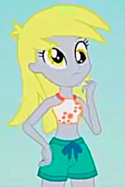 Size: 810x1206 | Tagged: safe, derpibooru import, screencap, derpy hooves, aww... baby turtles, equestria girls, equestria girls series, bikini, bikini top, blue background, close-up, clothes, cropped, cute, hand on hip, image, jpeg, shorts, simple background, swimsuit, upscaled