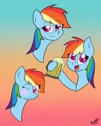 Size: 2000x2500 | Tagged: safe, artist:skywinddd, derpibooru import, rainbow dash, pegasus, pony, blushing, bust, cider, hoof hold, image, jpeg, mug, multeity, one eye closed, portrait, rainbow dash day, solo