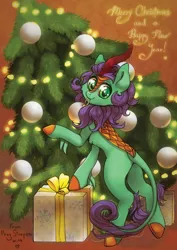 Size: 1414x2000 | Tagged: safe, artist:pony straponi, derpibooru import, oc, oc:searing cold, unofficial characters only, kirin, christmas, christmas lights, christmas tree, commission, holiday, image, jpeg, kirin oc, present, solo, tree, ych result
