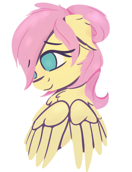 Size: 1150x1500 | Tagged: safe, artist:rhythmpixel, derpibooru import, fluttershy, pegasus, pony, alternate hairstyle, bust, chest fluff, female, floppy ears, hair over one eye, image, looking away, looking down, mare, no pupils, png, portrait, simple background, smiling, solo, transparent background, wings