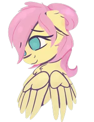 Size: 1150x1500 | Tagged: safe, artist:rhythmpixel, derpibooru import, fluttershy, pegasus, pony, alternate hairstyle, bust, chest fluff, female, floppy ears, hair over one eye, image, looking away, looking down, mare, no pupils, png, portrait, simple background, smiling, solo, transparent background, wings