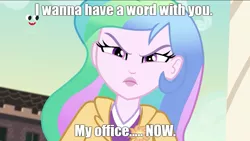 Size: 800x451 | Tagged: safe, derpibooru import, edit, edited screencap, screencap, princess celestia, equestria girls, equestria girls series, holidays unwrapped, spoiler:eqg series (season 2), angry, blizzard or bust, brooch, caption, celestia is not amused, cutie mark accessory, cutie mark brooch, furrowed brow, image, imminent punishment, jewelry, looking at you, meme, narrowed eyes, plusplus, png, principal celestia, text, this will end in detention, uh oh, unamused