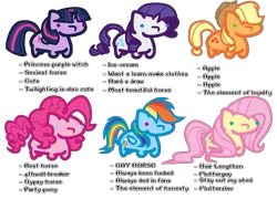 Size: 1113x800 | Tagged: safe, artist:whiteplumage233, derpibooru import, applejack, fluttershy, pinkie pie, rainbow dash, rarity, twilight sparkle, pony, chubbie, image, mane six, png, simple background, stay out of my shed, tag yourself, transparent background, vulgar