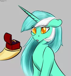 Size: 1983x2117 | Tagged: safe, artist:renarde-louve, derpibooru import, bon bon, lyra heartstrings, sweetie drops, earth pony, pony, unicorn, colored pupils, disembodied hoof, engagement ring, female, gray background, image, lesbian, lyrabon, mare, marriage proposal, offscreen character, png, shipping, simple background, solo focus