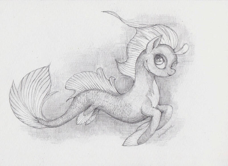 Size: 1024x747 | Tagged: safe, artist:daisymane, derpibooru import, oc, unofficial characters only, seapony (g4), concept, dorsal fin, fins, fish tail, flowing mane, flowing tail, image, jpeg, lidded eyes, looking at you, monochrome, pencil drawing, signature, simple background, smiling, solo, swimming, tail, traditional art, underwater, water, white background