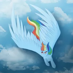 Size: 2048x2048 | Tagged: safe, artist:lunathemoongod, derpibooru import, rainbow dash, pegasus, pony, cloud, flying, image, jpeg, sky, solo