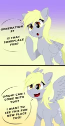 Size: 2500x4800 | Tagged: safe, artist:nihithebrony, derpibooru import, derpy hooves, pegasus, pony, colored background, comic, curious, cute, derpabetes, female, g5, image, png, simple background, smiling, talking, talking to viewer, text, yellow background