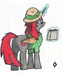 Size: 1148x1339 | Tagged: safe, artist:assertiveshypony, derpibooru import, magnet bolt, pony, unicorn, bag, cardboard wings, clothes, cosplay, costume, daring do cosplay, daring do costume, fake wings, female, hat, image, jpeg, magic, simple background, solo, traditional art, white background