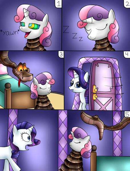 Size: 1752x2304 | Tagged: safe, artist:jerrydestroyer, derpibooru import, rarity, sweetie belle, pony, snake, unicorn, coils, comic, crossover, female, filly, hypnosis, hypnotized, image, imminent vore, jpeg, kaa eyes, male, mare, mind control, onomatopoeia, open mouth, sleeping, sound effects, the jungle book, wrapped up, yawn, zzz