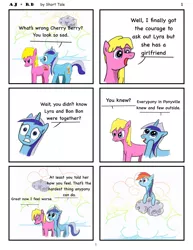 Size: 1385x1792 | Tagged: safe, artist:short tale, derpibooru import, cherry berry, minuette, rainbow dash, earth pony, pegasus, pony, unicorn, comic:aj+rd, cloud, crying, eavesdropping, hoof on chin, image, implied lesbian, implied lyrabon, implied shipping, jpeg, romance, sad, shocked