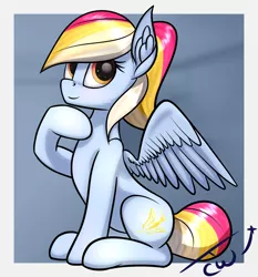 Size: 1300x1393 | Tagged: safe, alternate version, artist:colourwave, derpibooru import, oc, oc:colourwave, pegasus, pony, cute, cutie mark, female, hmm, image, looking up, mare, not rainbow dash, png, ponytail, signature, sitting, smiling, solo, thinking, thonk