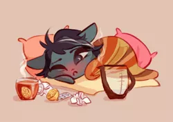 Size: 2048x1448 | Tagged: safe, artist:shore2020, derpibooru import, oc, unofficial characters only, pony, blanket, food, hot water, image, jpeg, lemon, pillow, pills, sick, solo, tea