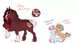 Size: 2578x1494 | Tagged: safe, artist:yozora122, derpibooru import, oc, oc:cherry heart strings, oc:confetti parade, oc:sugarcube serene, unofficial characters only, earth pony, pony, female, filly, half-siblings, image, jpeg, male, offspring, parent:cheese sandwich, parent:pinkie pie, parent:trouble shoes, parent:troubleshoes clyde, parents:cheesepie, parents:trouble pie, simple background, stallion, white background