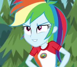 Size: 1256x1080 | Tagged: safe, derpibooru import, edit, edited screencap, editor:mycarhasamoustache, screencap, rainbow dash, equestria girls, legend of everfree, camp everfree outfits, cropped, cute, dashabetes, female, image, png, smile edit, solo