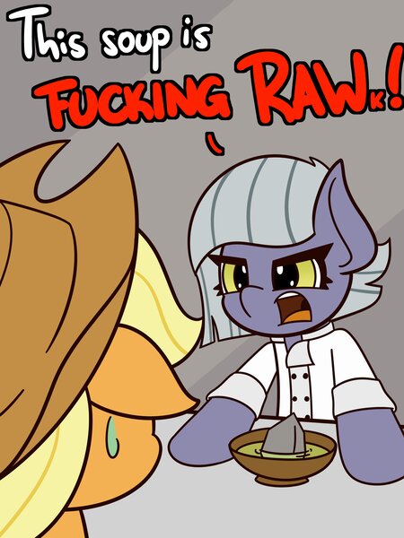 Size: 3000x4000 | Tagged: safe, artist:mrneo, derpibooru import, applejack, limestone pie, earth pony, pony, chef outfit, food, gordon ramsay, image, jpeg, rock, rock soup, soup, swearing, vulgar