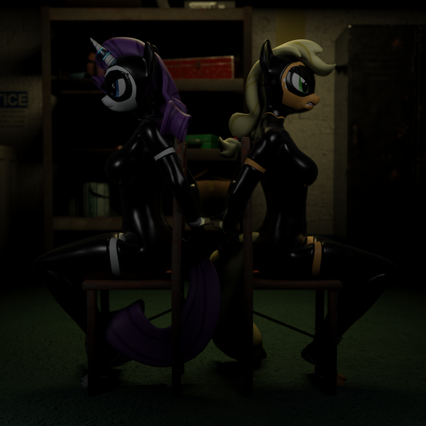 Size: 4000x4000 | Tagged: questionable, artist:citizenwolf, derpibooru import, applejack, rarity, anthro, earth pony, plantigrade anthro, unicorn, 3d, angry, arm behind back, blender, blender eevee, bondage, bound together, breasts, brick wall, busty applejack, busty rarity, captured, cardboard box, catsuit, chair, cuffs, domino mask, female, femsub, first aid kit, folder, gritted teeth, handcuffed, horn, horn ring, image, jewelry, latex, latex suit, lockers, magic suppression, mask, paint can, png, ring, rope, rope bondage, shelves, sign, spray paint, struggling, submissive, tied to chair, toolbox, washing machine