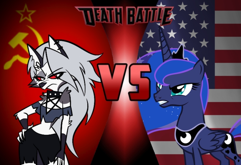 Size: 1404x960 | Tagged: safe, derpibooru import, princess luna, alicorn, american flag, cold war, crossover battle, death battle, exploitable meme, flag, hammer and sickle, helluva boss, image, jpeg, loona (helluva boss), meme, namesake, pun, soviet union, visual pun