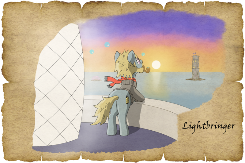 Size: 1024x683 | Tagged: safe, alternate version, artist:malte279, derpibooru import, oc, oc:lightbringer, earth pony, tails of equestria, bubble, image, lighthouse, npc, ocean, parchment, pipe, png, sunset, tower, worldbuilding