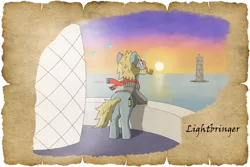 Size: 1024x683 | Tagged: safe, alternate version, artist:malte279, derpibooru import, oc, oc:lightbringer, earth pony, tails of equestria, bubble, image, lighthouse, npc, ocean, parchment, pipe, png, sunset, tower, worldbuilding