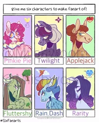 Size: 928x1148 | Tagged: safe, artist:miishwoom, derpibooru import, applejack, fluttershy, pinkie pie, rainbow dash, rarity, twilight sparkle, twilight sparkle (alicorn), alicorn, earth pony, pegasus, pony, unicorn, six fanarts, alternate design, bust, clown, female, image, jpeg, mane six, mare, obtrusive watermark, redesign, twitterina design, watermark