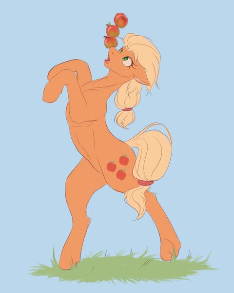 Size: 3277x4096 | Tagged: safe, artist:galinn-arts, derpibooru import, applejack, earth pony, pony, apple, balancing, bipedal, blue background, food, hatless, image, jpeg, missing accessory, ponies balancing stuff on their nose, simple background, solo, that pony sure does love apples