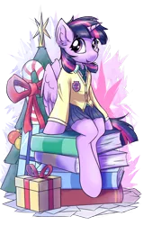 Size: 1400x2200 | Tagged: safe, artist:ravistdash, derpibooru import, twilight sparkle, twilight sparkle (alicorn), alicorn, semi-anthro, book, candy, candy cane, cheek fluff, christmas, christmas tree, clothes, cute, cutie mark, cutie mark background, ear fluff, food, friendship student, holiday, horn, image, merry christmas, necktie, paper, png, present, simple background, sitting, skirt, solo, stars, sweater, transparent background, tree, twiabetes, wings