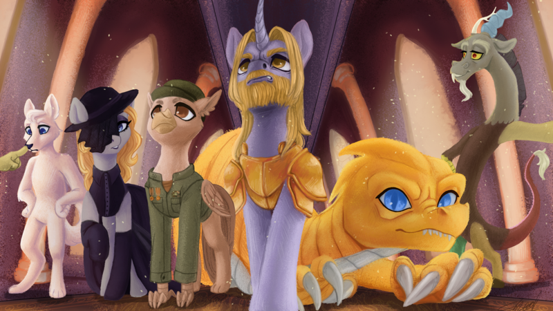 Size: 1280x720 | Tagged: safe, artist:violettacamak, derpibooru import, discord, oc, anthro, dragon, earth pony, gryphon, pony, unicorn, wolf, armor, clothes, commission, image, png, royal throne room