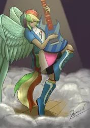 Size: 1240x1754 | Tagged: safe, artist:reminic, derpibooru import, rainbow dash, human, equestria girls, rainbow rocks, awesome as i want to be, boots, clothes, compression shorts, eared humanization, female, guitar, humanized, image, jacket, jpeg, musical instrument, rainbow socks, shirt, shoes, skirt, socks, solo, striped socks, t-shirt, tailed humanization, winged humanization, wings