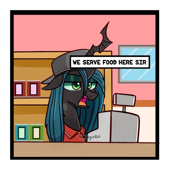 Size: 1500x1516 | Tagged: safe, artist:handgunboi, derpibooru import, queen chrysalis, changeling, changeling queen, can, cap, cashier, employee, female, hat, image, jpeg, pickles, reference, shelf, solo, spongebob squarepants, squidward tentacles, text box, window