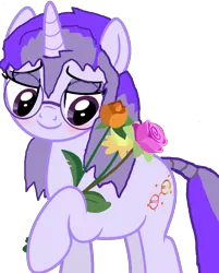 Size: 1134x1409 | Tagged: safe, artist:asifnag, artist:mellow91, derpibooru import, oc, oc:glass sight, unofficial characters only, pony, unicorn, blushing, bouquet, cute, flower, glasses, hoof hold, image, ocbetes, png, simple background, solo, transparent background