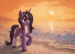 Size: 2032x1462 | Tagged: safe, artist:koviry, derpibooru import, part of a set, oc, oc:rivibaes, unofficial characters only, pony, unicorn, beach, commission, image, jpeg, pale belly, raised hoof, scenery, smiling, socks (coat marking), solo, sun, sunset, walking, water, ych result