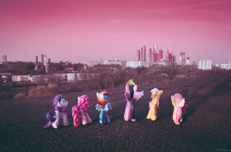 Size: 2100x1378 | Tagged: safe, artist:plastikdarling, derpibooru import, applejack, fluttershy, pinkie pie, rainbow dash, rarity, twilight sparkle, alicorn, fallout equestria, blind bag, image, jpeg, mane six, moskau, photo, pink sky, russia, toy, twilight sparkle (alicorn)