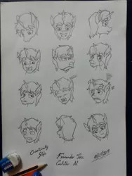 Size: 1536x2048 | Tagged: safe, artist:fernandojc-draftsman, derpibooru import, oc, oc:creativity style, unofficial characters only, pony, unicorn, bust, expressions, horn, image, jpeg, lineart, male, monochrome, signature, stallion, traditional art, unicorn oc